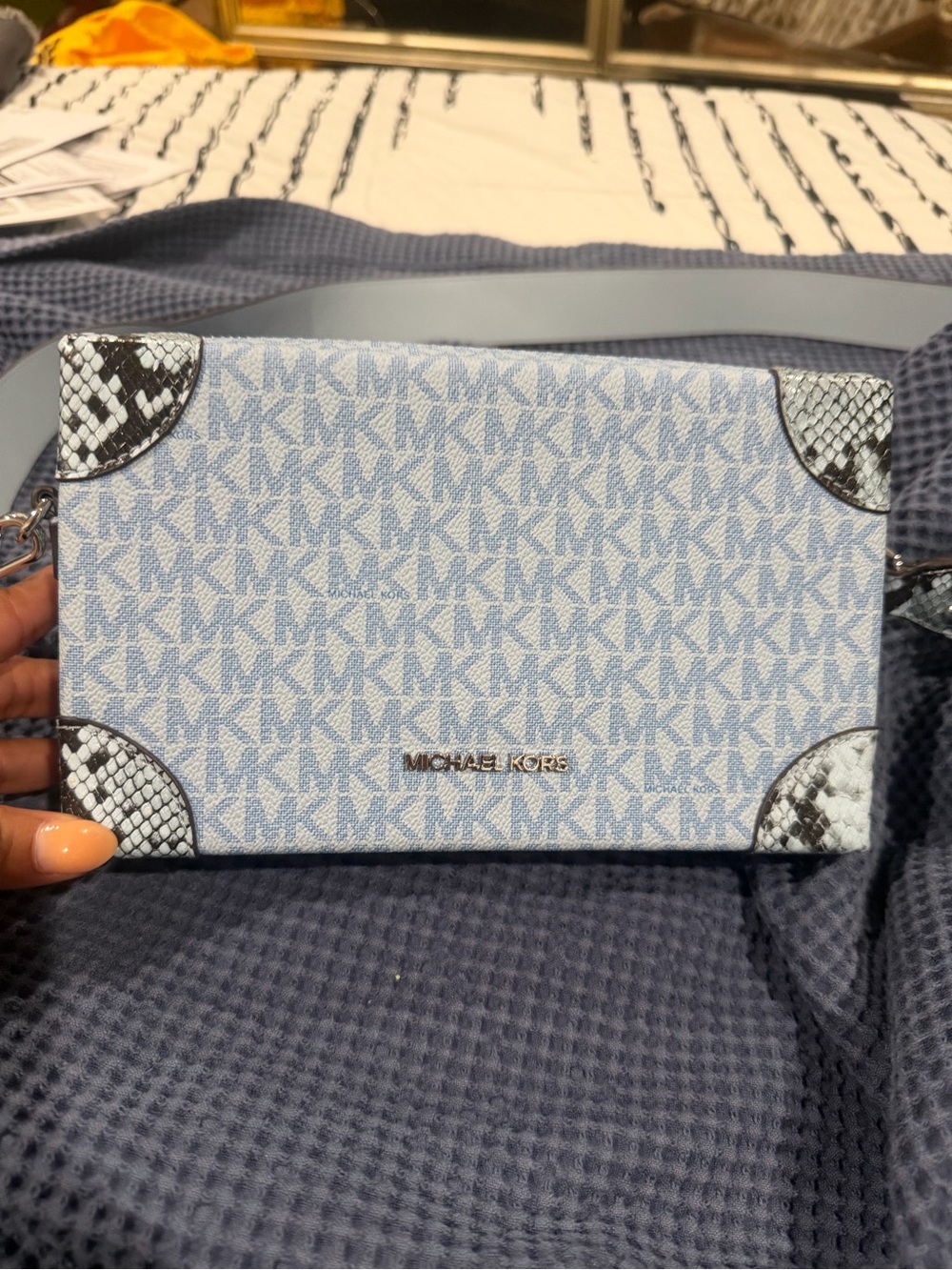 Michael Kors Light Blue Logo Crossbody with Snake-Print Corners